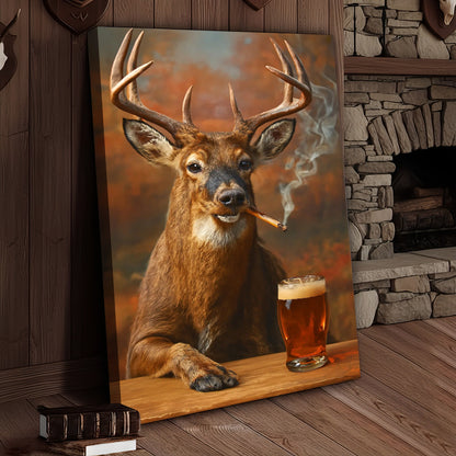 Smoking Deer with Cocktail Glasses Canvas – Funny Hunting Wall Art for Man Caves