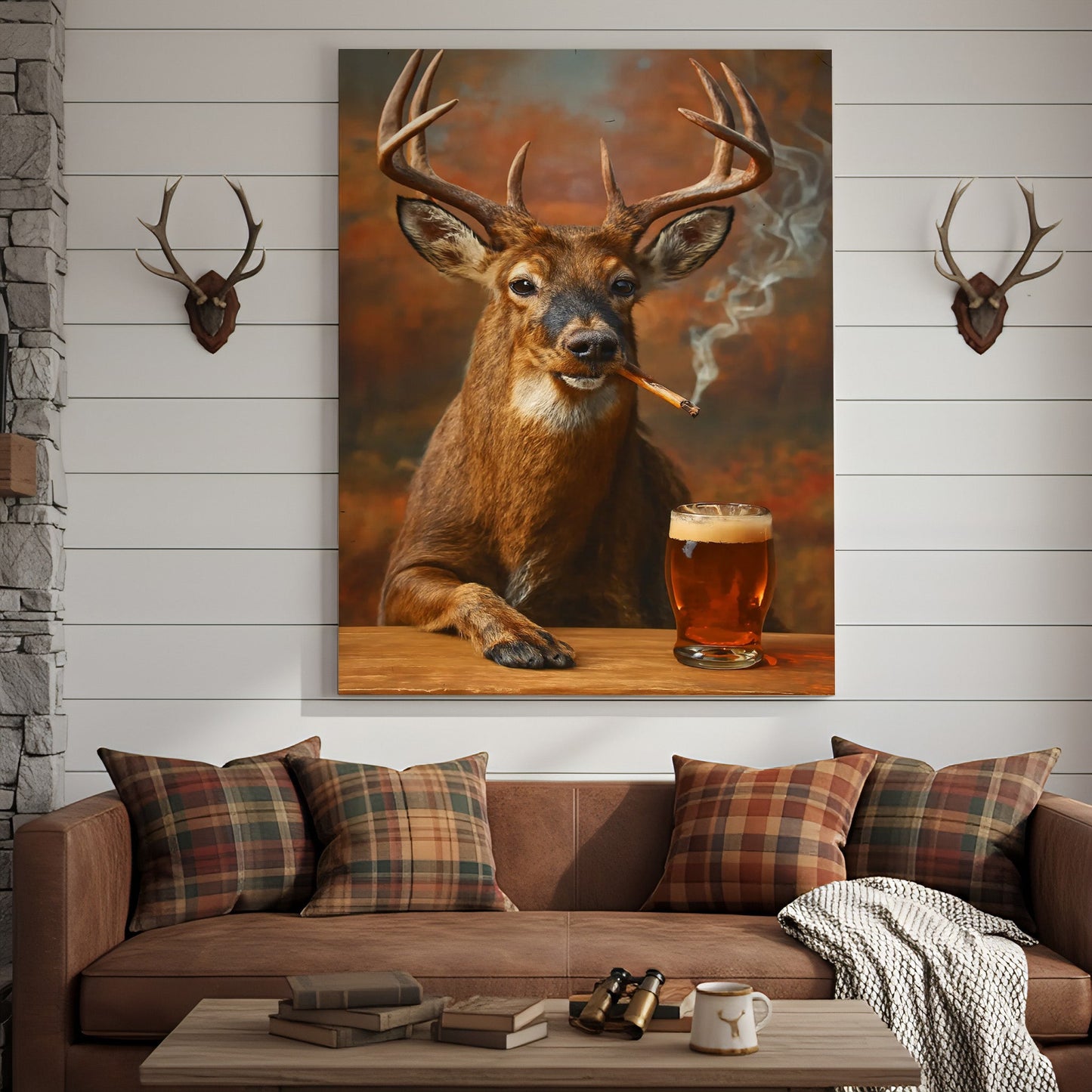 Smoking Deer with Cocktail Glasses Canvas – Funny Hunting Wall Art for Man Caves