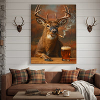 Smoking Deer with Cocktail Glasses Canvas – Funny Hunting Wall Art for Man Caves