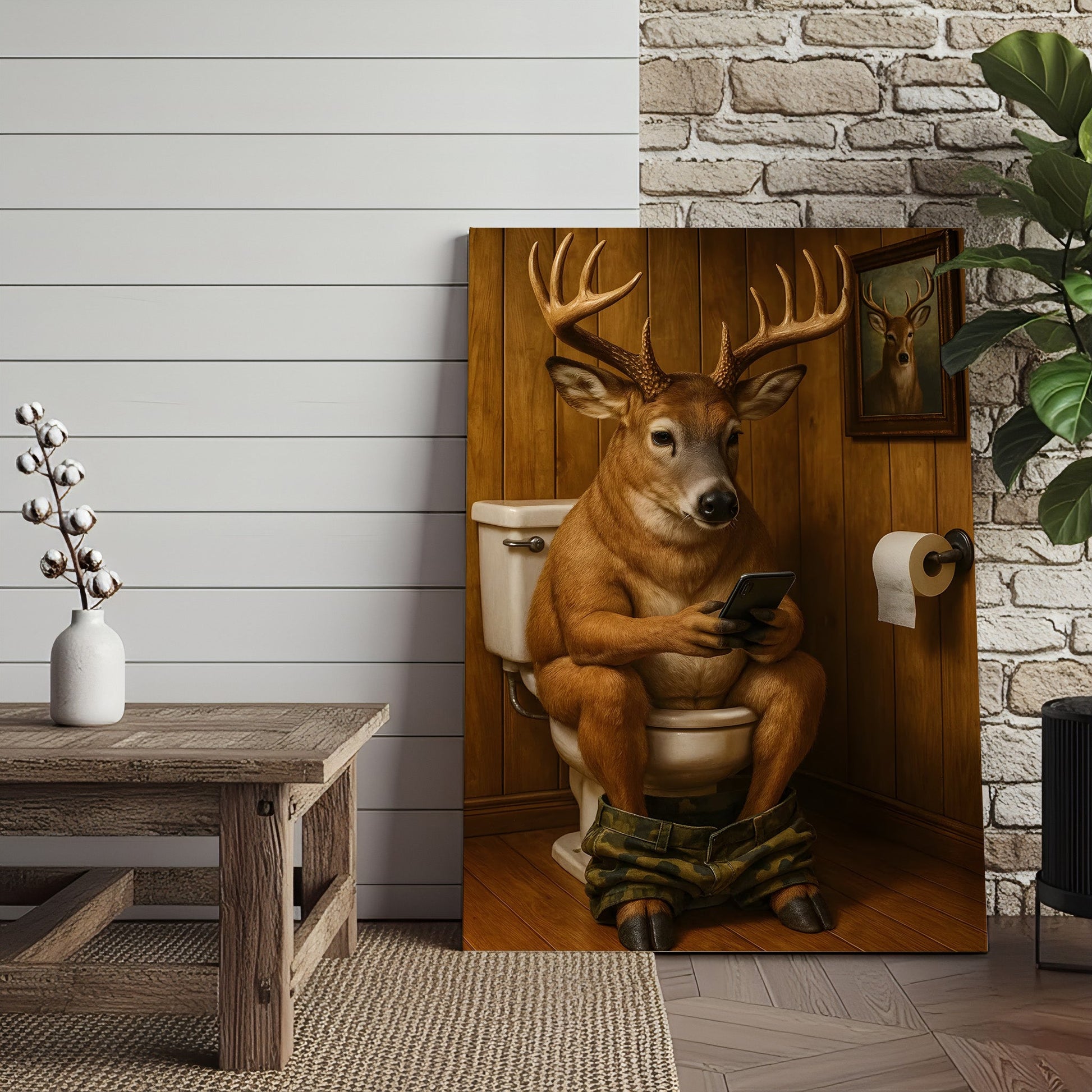 Funny Deer Bathroom Canvas Wall Art – Hilarious Rustic Hunting Lodge Home Decor Gift