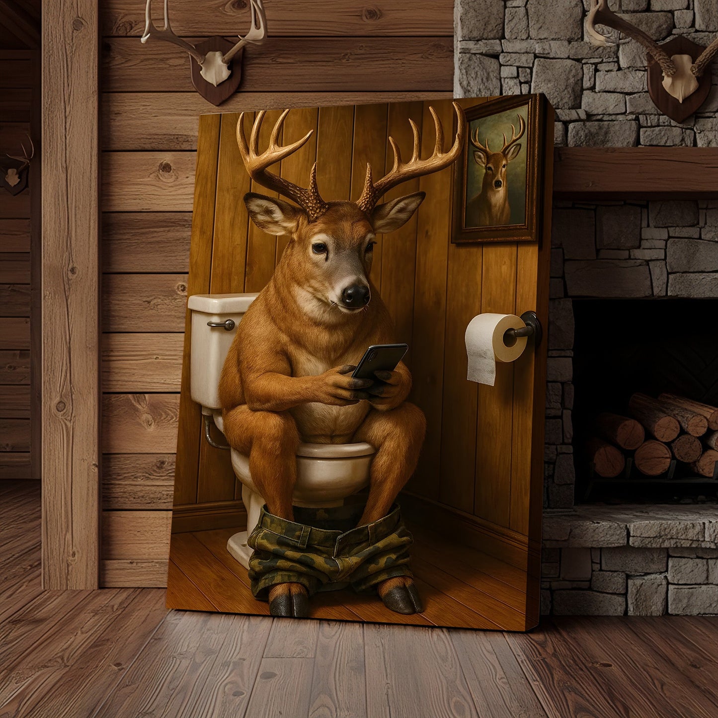Funny Deer Bathroom Canvas Wall Art – Hilarious Rustic Hunting Lodge Home Decor Gift