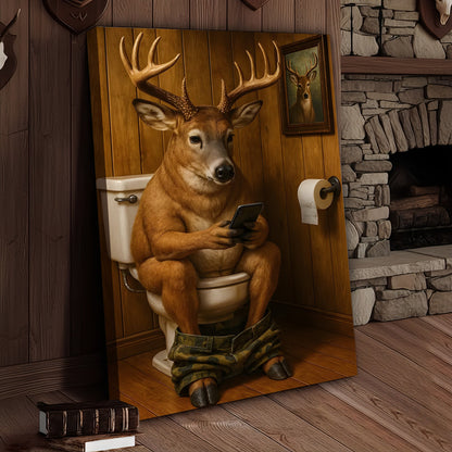 Funny Deer Bathroom Canvas Wall Art – Hilarious Rustic Hunting Lodge Home Decor Gift
