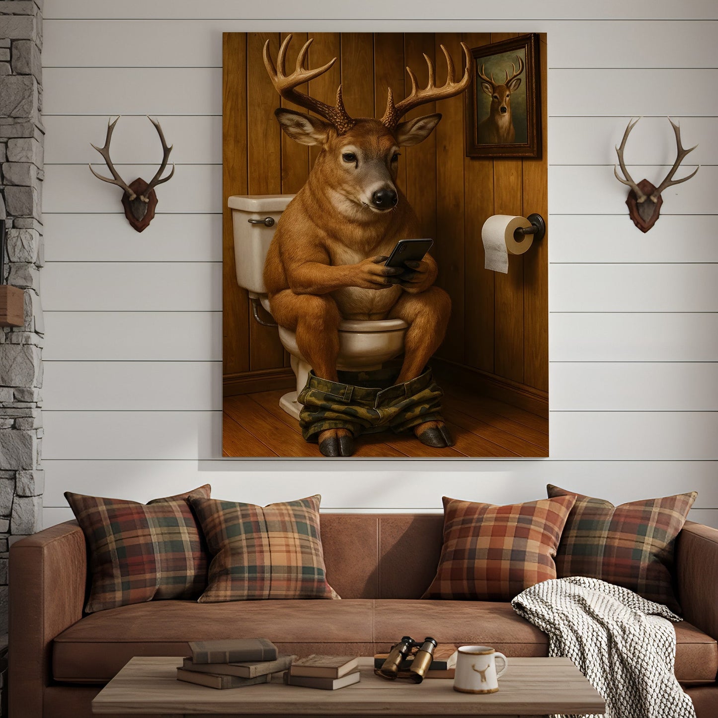 Funny Deer Bathroom Canvas Wall Art – Hilarious Rustic Hunting Lodge Home Decor Gift