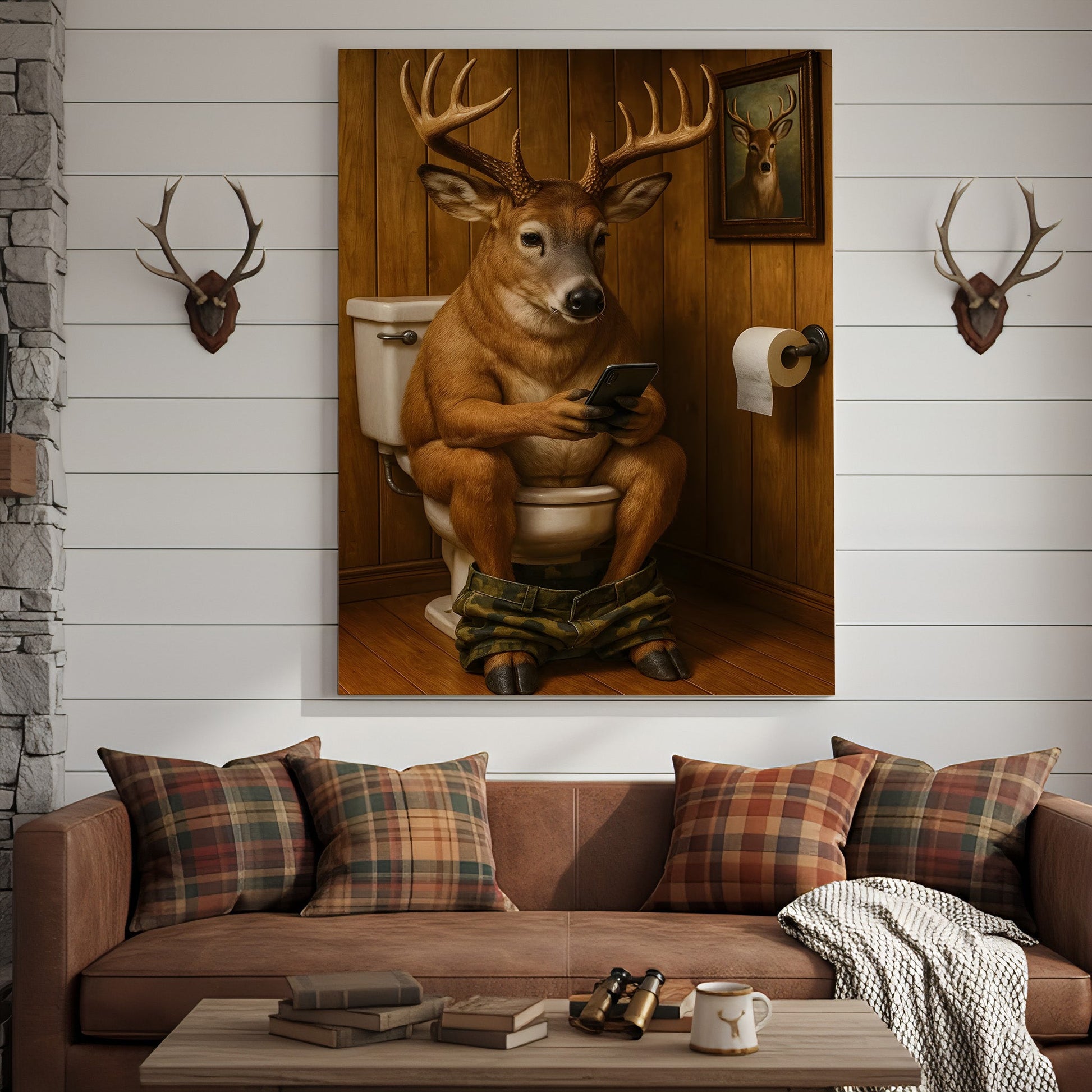 Funny Deer Bathroom Canvas Wall Art – Hilarious Rustic Hunting Lodge Home Decor Gift