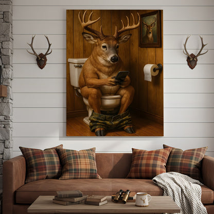 Funny Deer Bathroom Canvas Wall Art – Hilarious Rustic Hunting Lodge Home Decor Gift