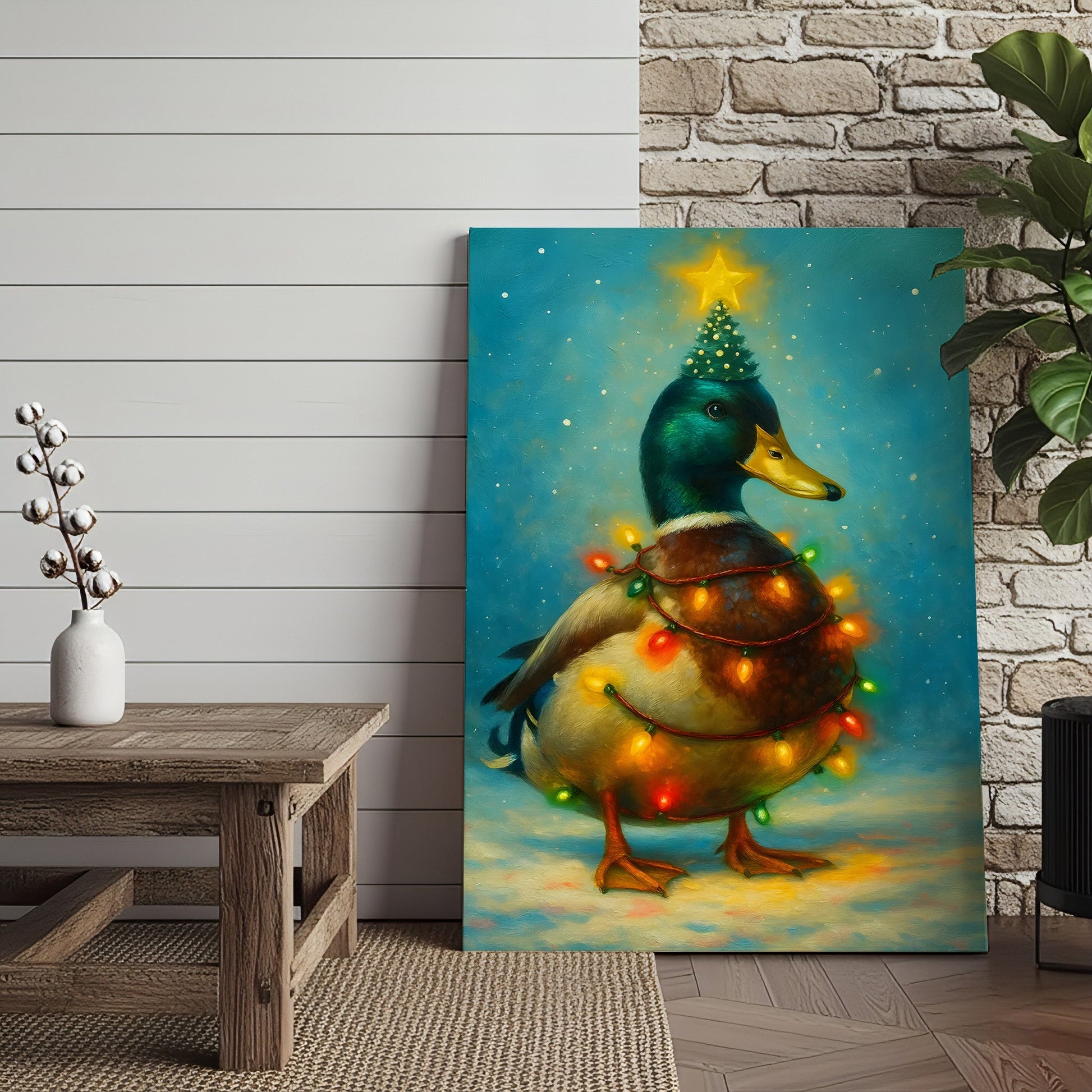 Funny Mallard Duck Christmas Canvas Wall Art – Festive Holiday Decor – Rustic Lodge Gift Idea
