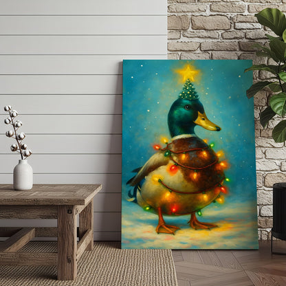 Funny Mallard Duck Christmas Canvas Wall Art – Festive Holiday Decor – Rustic Lodge Gift Idea