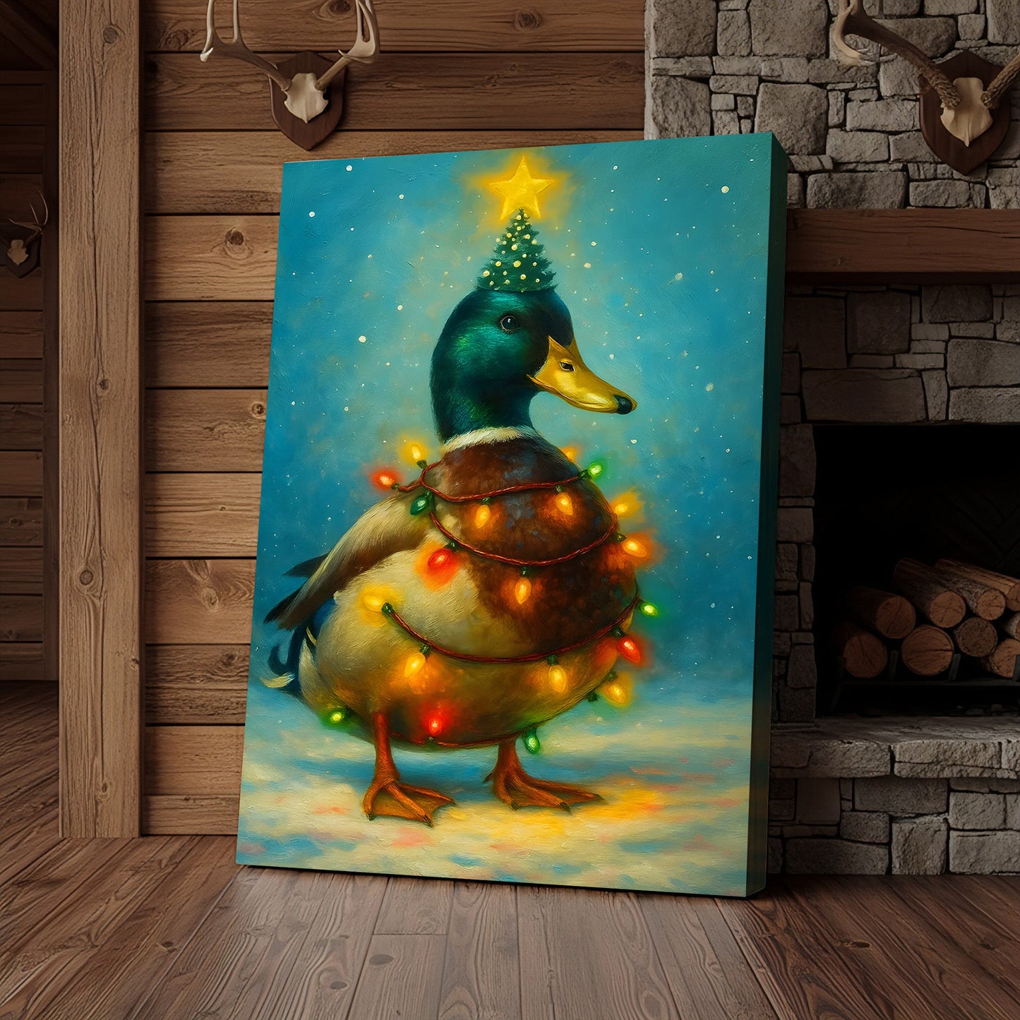 Funny Mallard Duck Christmas Canvas Wall Art – Festive Holiday Decor – Rustic Lodge Gift Idea