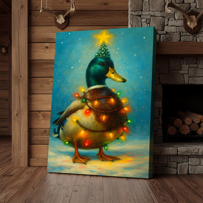 Funny Mallard Duck Christmas Canvas Wall Art – Festive Holiday Decor – Rustic Lodge Gift Idea