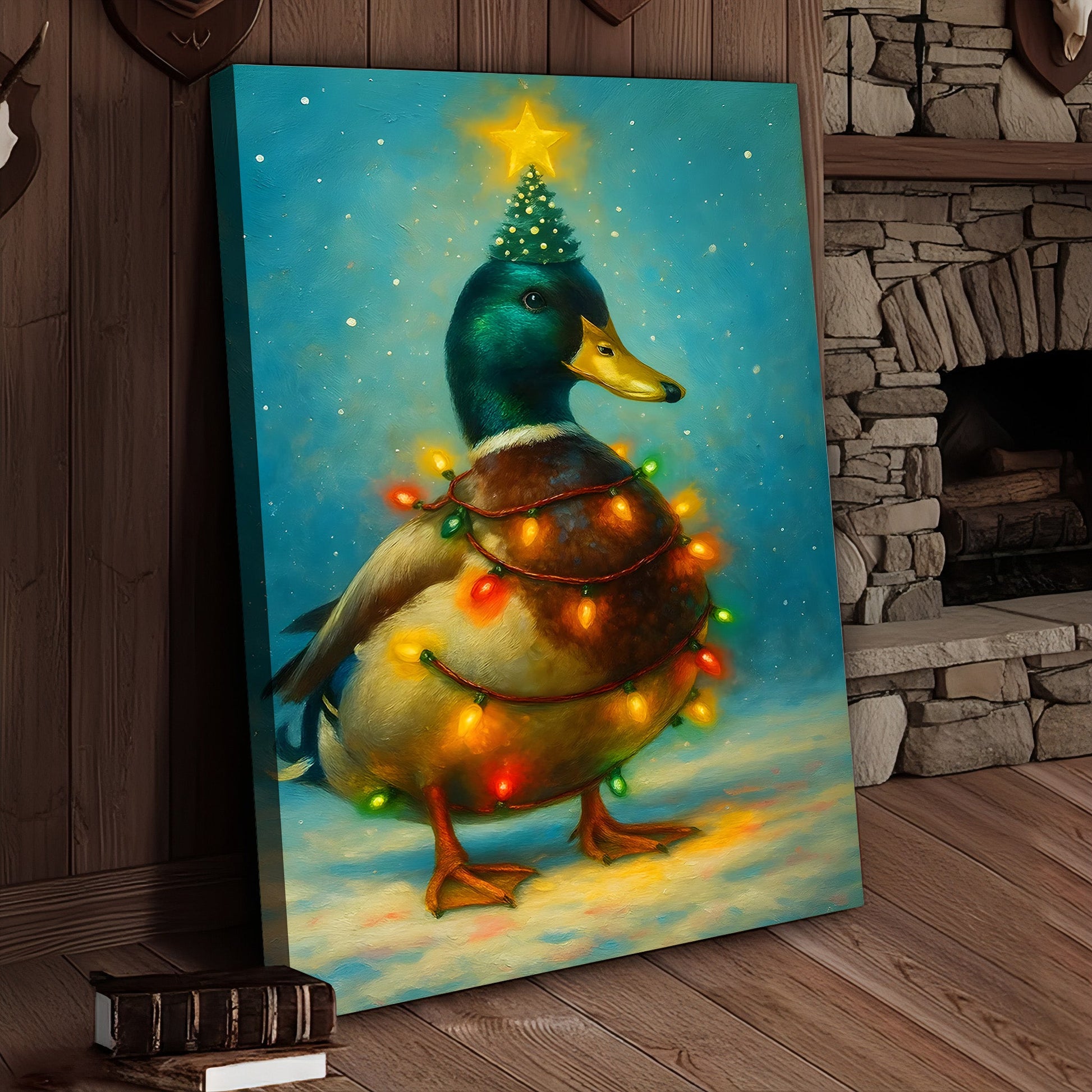 Funny Mallard Duck Christmas Canvas Wall Art – Festive Holiday Decor – Rustic Lodge Gift Idea