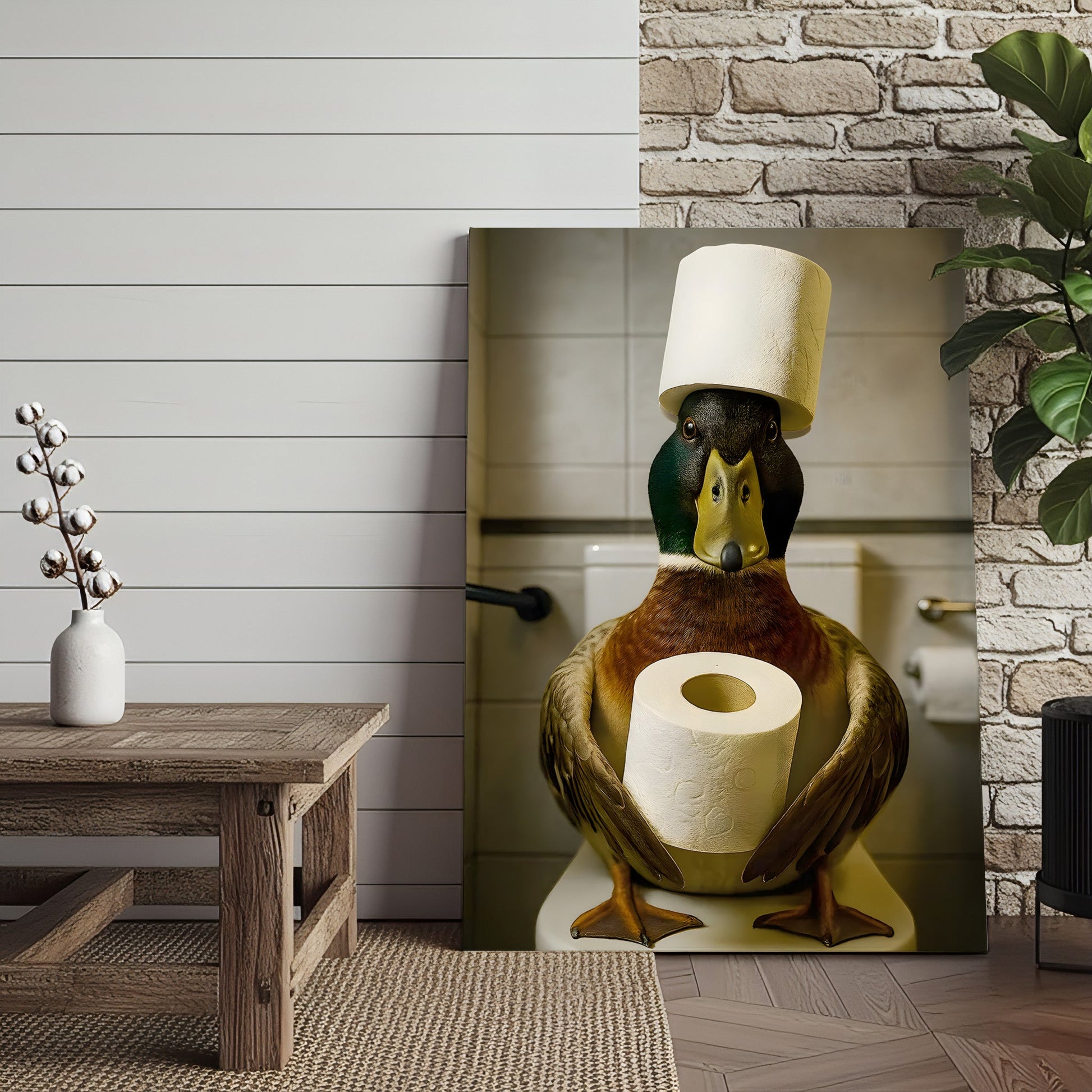Funny Duck Bathroom Canvas Wall Art – Rustic Toilet Canvas for Cabin, Lodge & Man Cave Decor