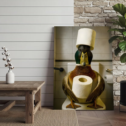 Funny Duck Bathroom Canvas Wall Art – Rustic Toilet Canvas for Cabin, Lodge & Man Cave Decor
