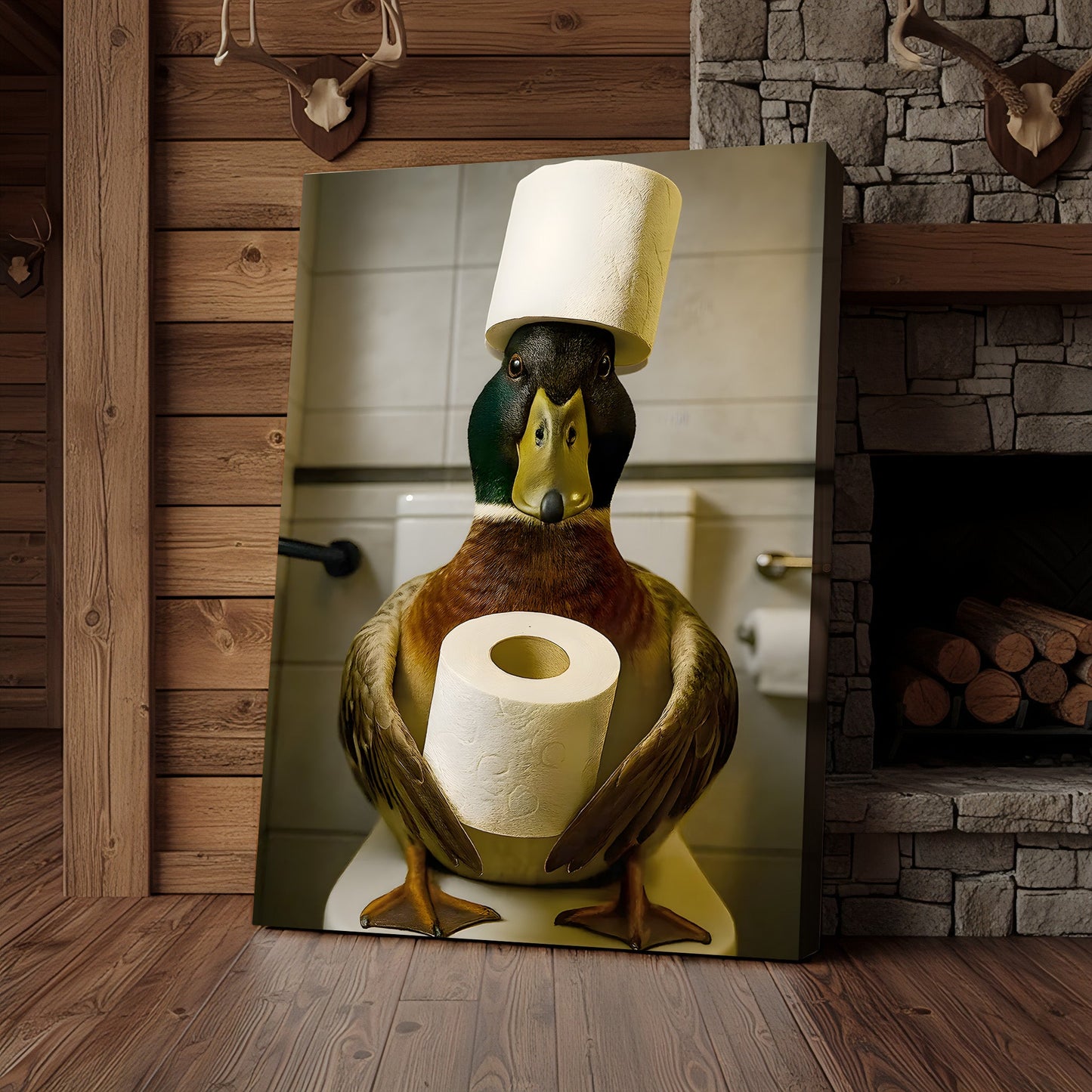 Funny Duck Bathroom Canvas Wall Art – Rustic Toilet Canvas for Cabin, Lodge & Man Cave Decor