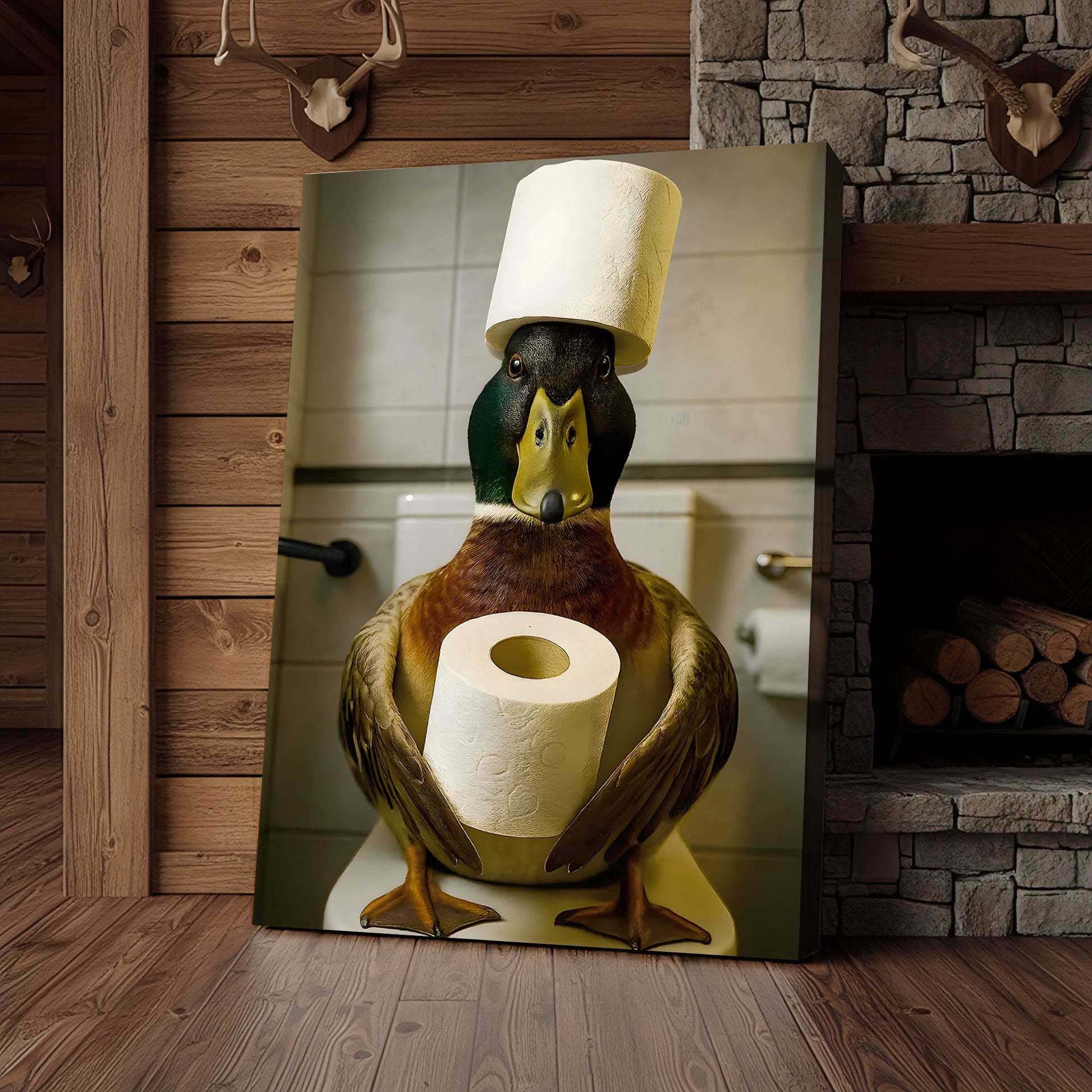 Funny Duck Bathroom Canvas Wall Art – Rustic Toilet Canvas for Cabin, Lodge & Man Cave Decor