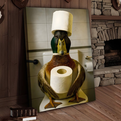 Funny Duck Bathroom Canvas Wall Art – Rustic Toilet Canvas for Cabin, Lodge & Man Cave Decor