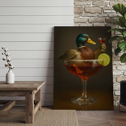Funny Mallard Duck Canvas Wall Art - Quirky Animal in Cocktail Glass Design - Unique Wildlife Artwork for Home Decor