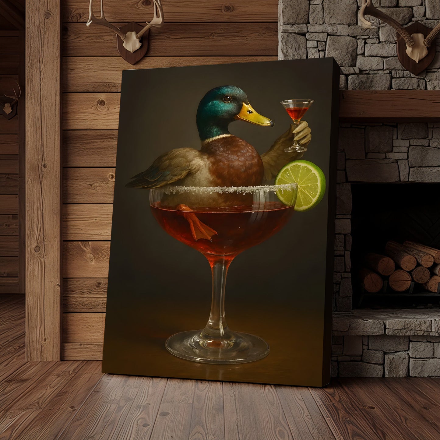 Funny Mallard Duck Canvas Wall Art - Quirky Animal in Cocktail Glass Design - Unique Wildlife Artwork for Home Decor