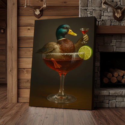 Funny Mallard Duck Canvas Wall Art - Quirky Animal in Cocktail Glass Design - Unique Wildlife Artwork for Home Decor