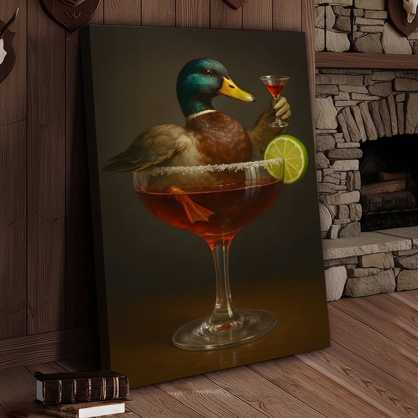 Funny Mallard Duck Canvas Wall Art - Quirky Animal in Cocktail Glass Design - Unique Wildlife Artwork for Home Decor