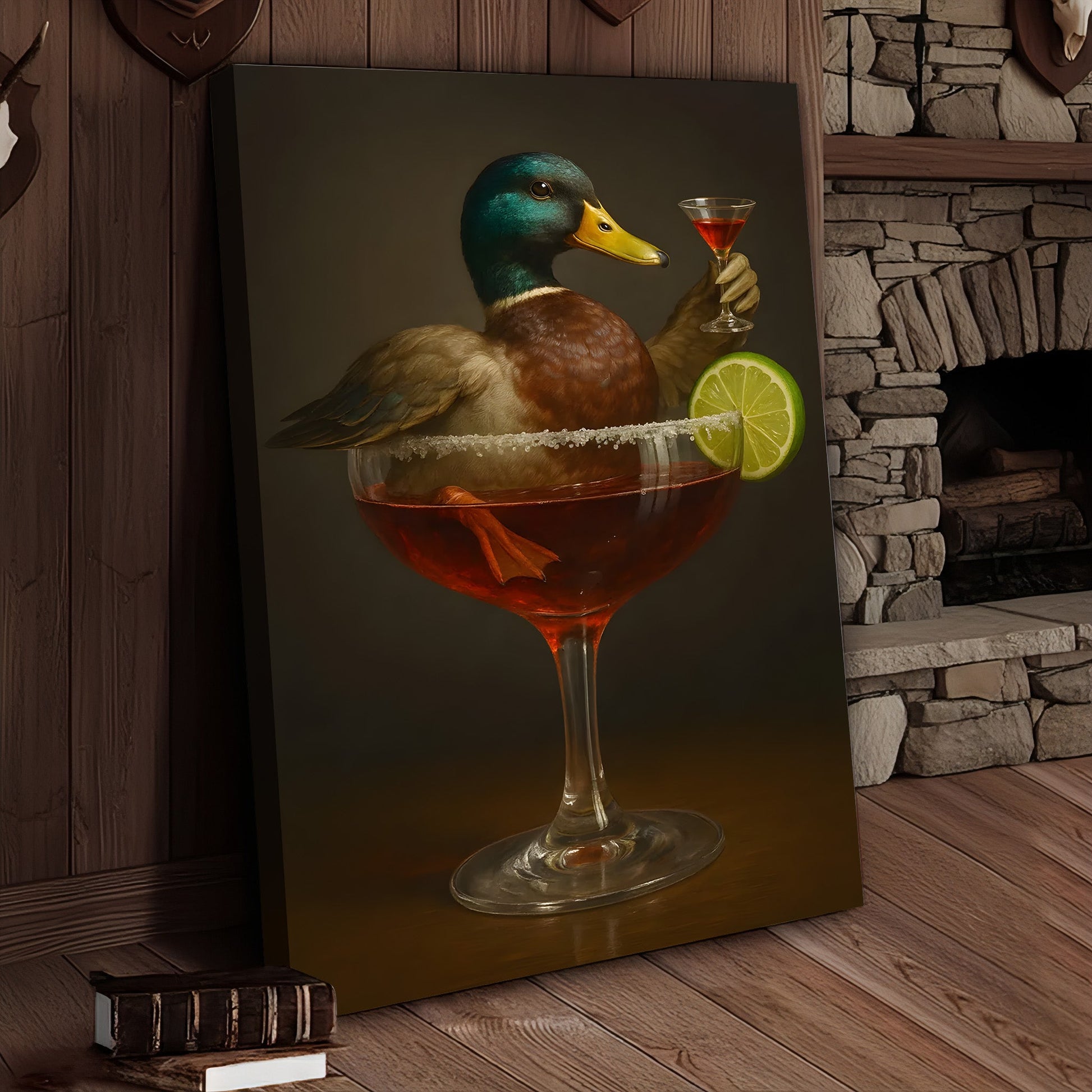 Funny Mallard Duck Canvas Wall Art - Quirky Animal in Cocktail Glass Design - Unique Wildlife Artwork for Home Decor