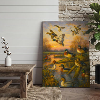 Duck Hunting Canvas Wall Art – Oil Painting Style Waterfowl at Sunset Rustic Lodge Decor