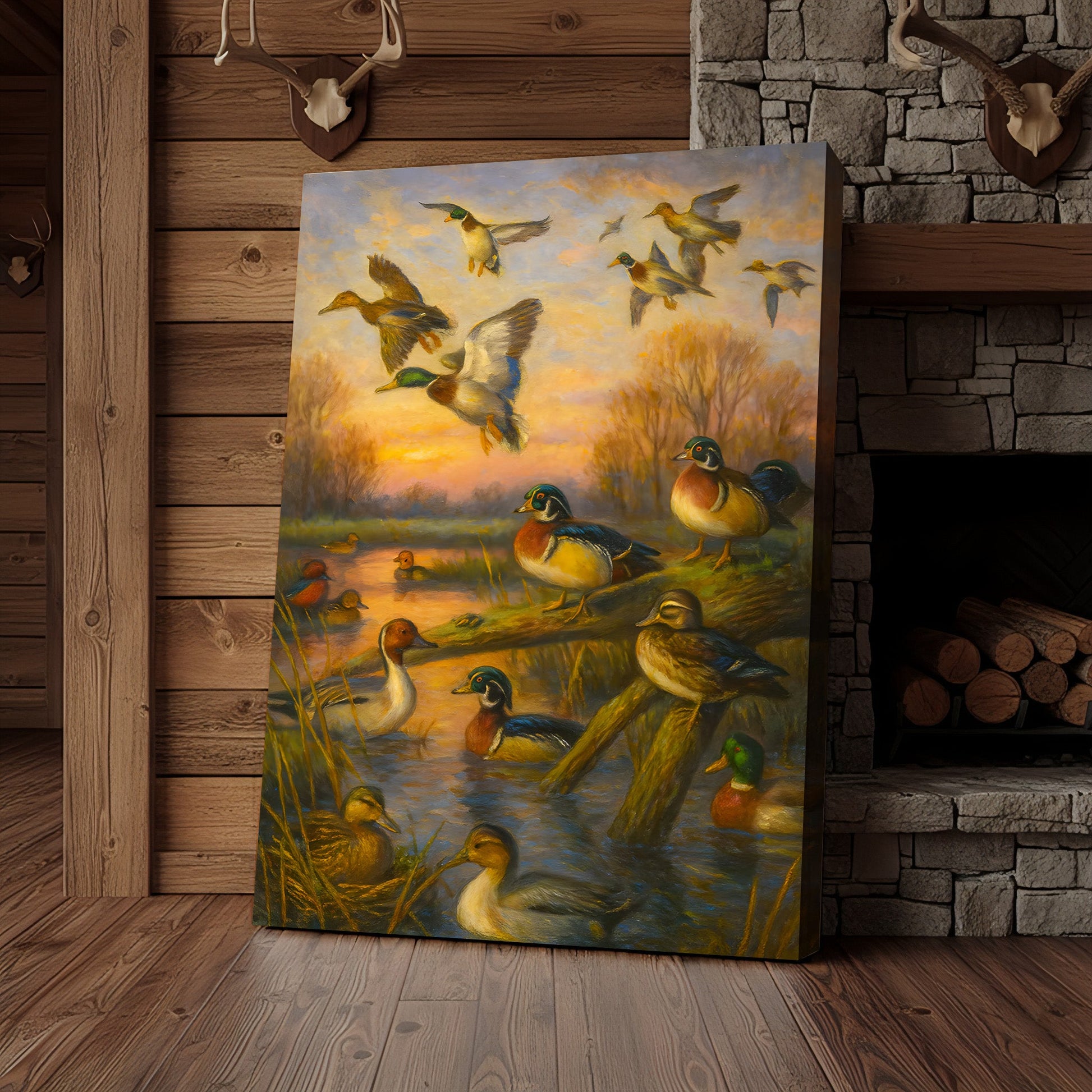 Duck Hunting Canvas Wall Art – Oil Painting Style Waterfowl at Sunset Rustic Lodge Decor