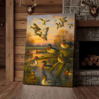 Duck Hunting Canvas Wall Art – Oil Painting Style Waterfowl at Sunset Rustic Lodge Decor