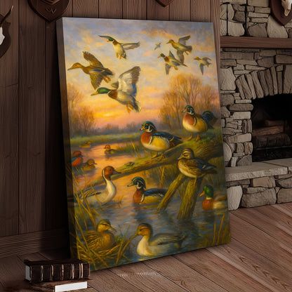 Duck Hunting Canvas Wall Art – Oil Painting Style Waterfowl at Sunset Rustic Lodge Decor