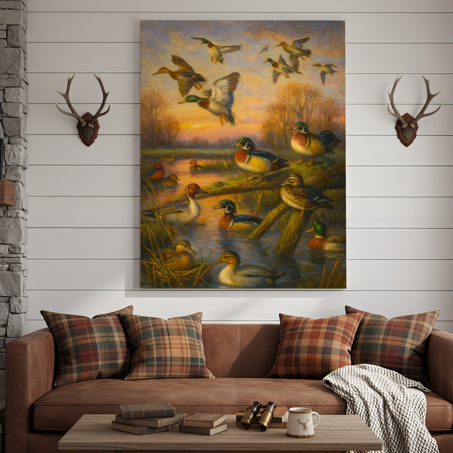 Duck Hunting Canvas Wall Art – Oil Painting Style Waterfowl at Sunset Rustic Lodge Decor