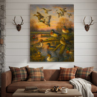Duck Hunting Canvas Wall Art – Oil Painting Style Waterfowl at Sunset Rustic Lodge Decor