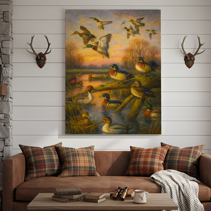 Duck Hunting Canvas Wall Art – Oil Painting Style Waterfowl at Sunset Rustic Lodge Decor