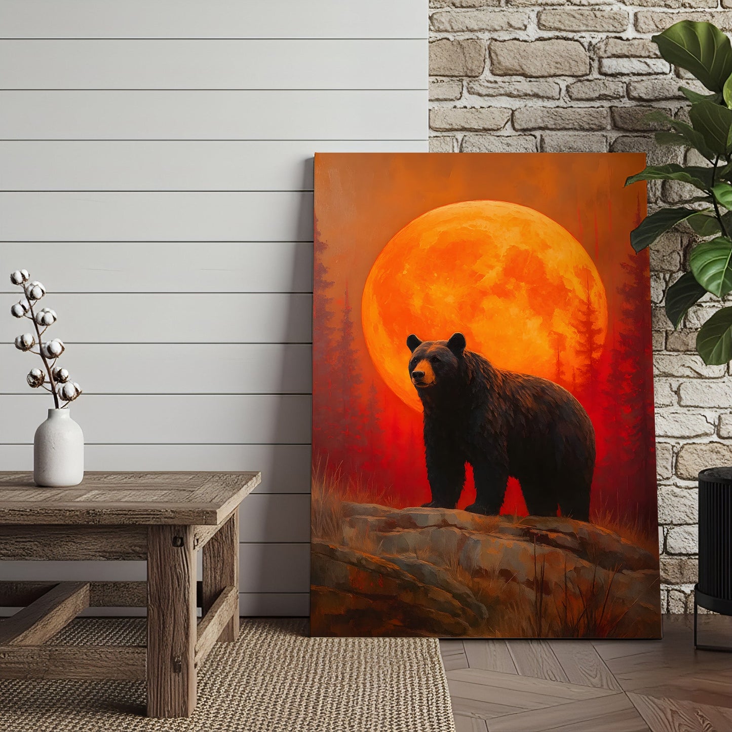 Bear Canvas Wall Art – Majestic Black Bear with Fiery Orange Full Moon – Rustic Wildlife Lodge & Cabin Decor