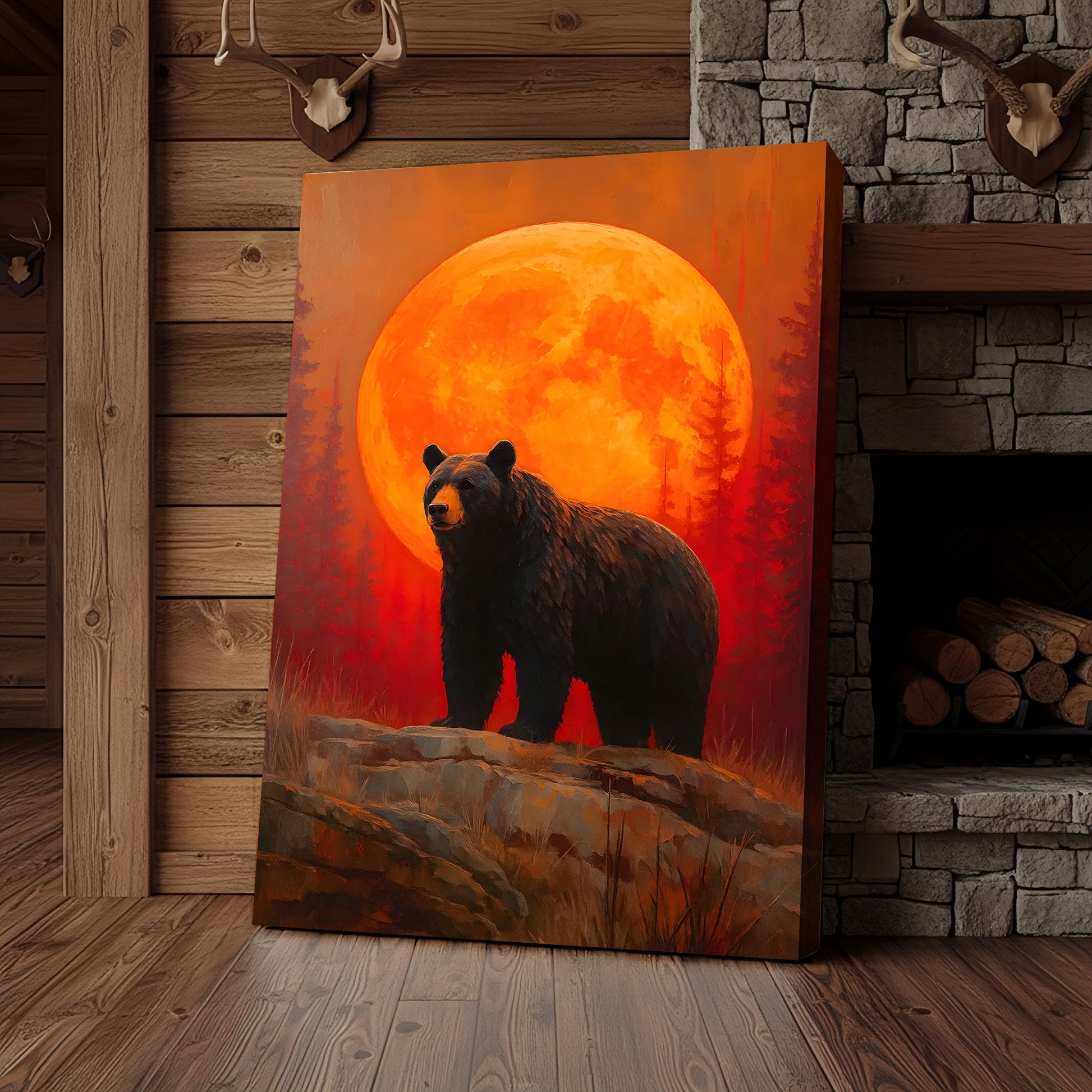 Bear Canvas Wall Art – Majestic Black Bear with Fiery Orange Full Moon – Rustic Wildlife Lodge & Cabin Decor