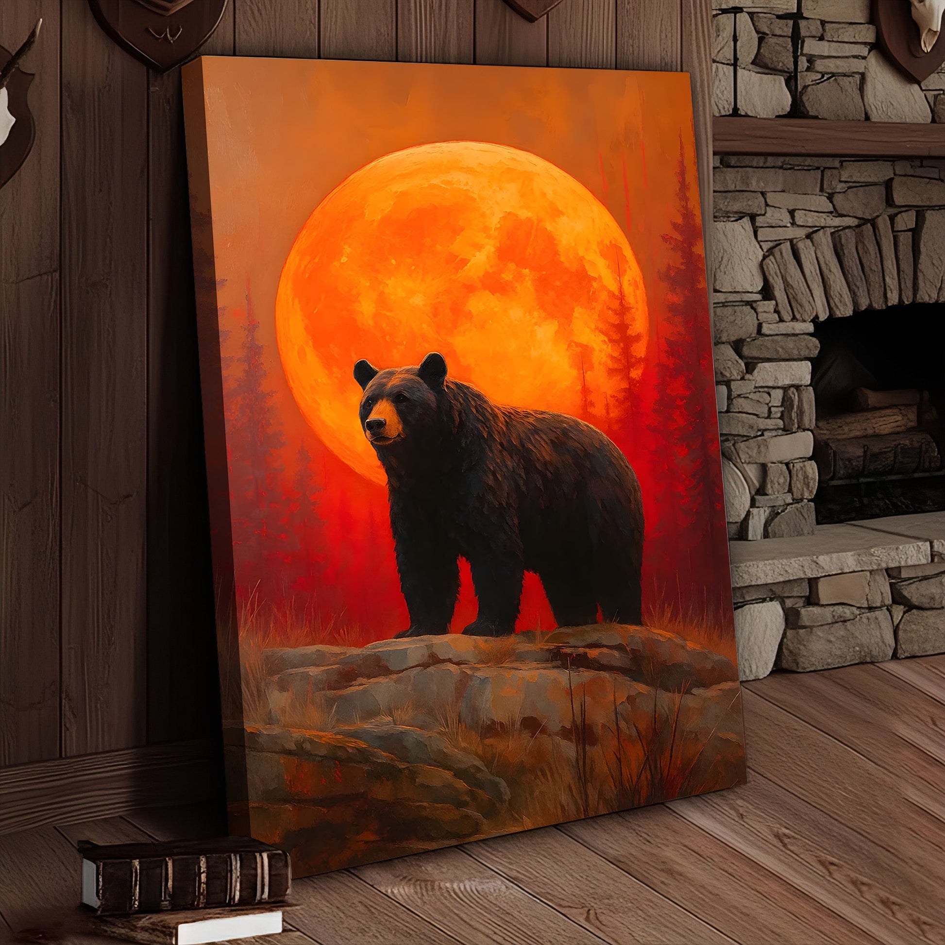 Bear Canvas Wall Art – Majestic Black Bear with Fiery Orange Full Moon – Rustic Wildlife Lodge & Cabin Decor