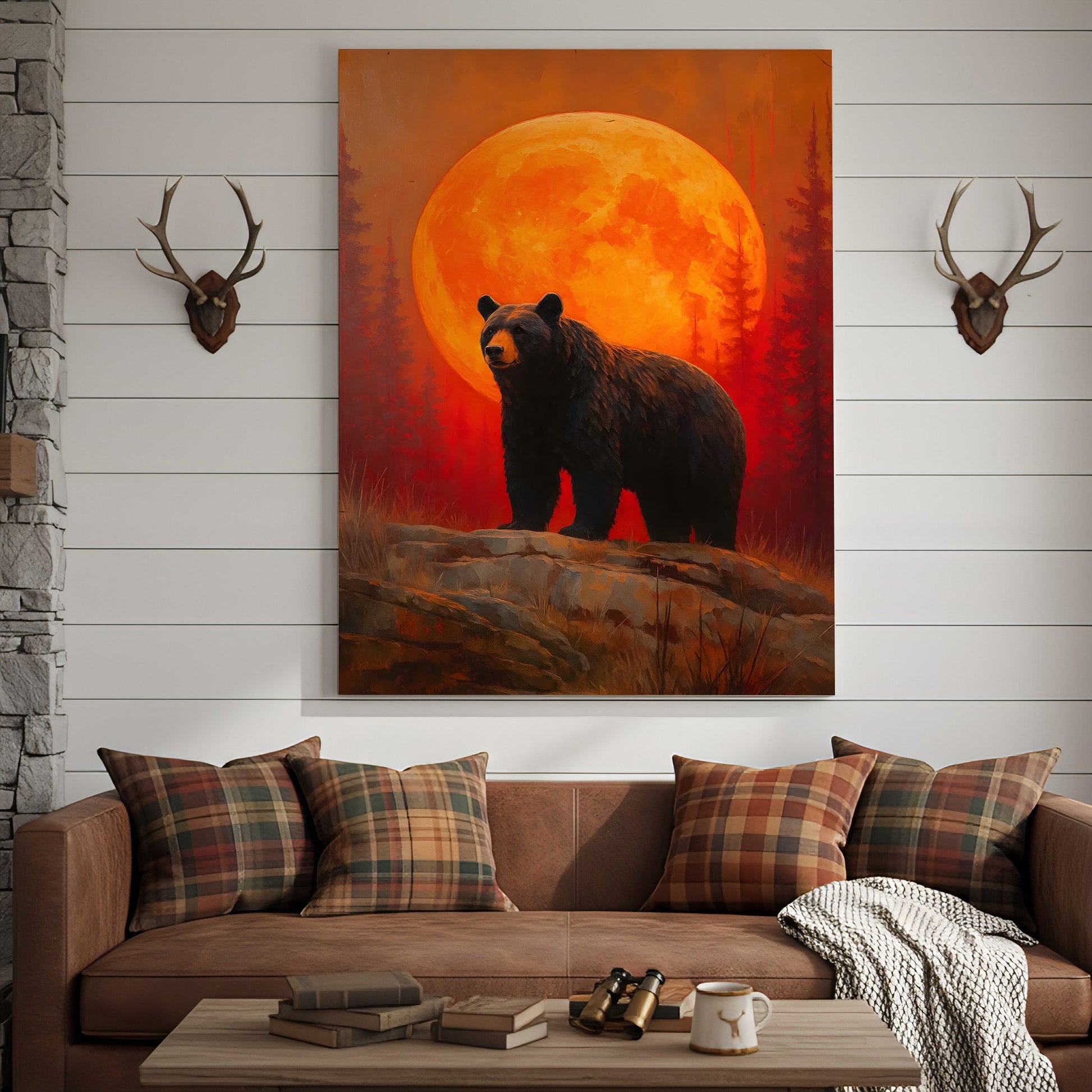 Bear Canvas Wall Art – Majestic Black Bear with Fiery Orange Full Moon – Rustic Wildlife Lodge & Cabin Decor
