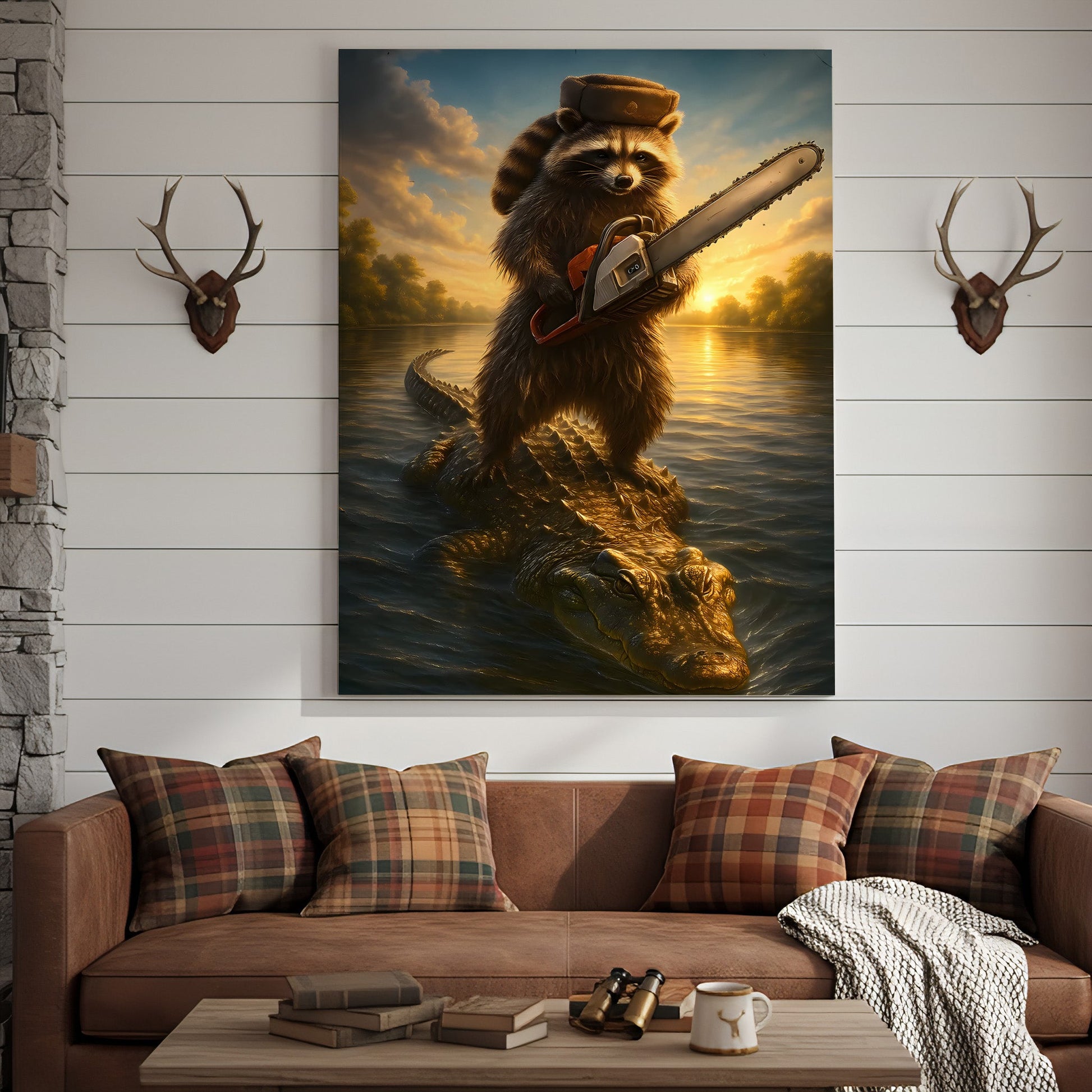 Badass Raccoon Riding Alligator Canvas – Funny Gift for Men, Hunters & Animal Lovers