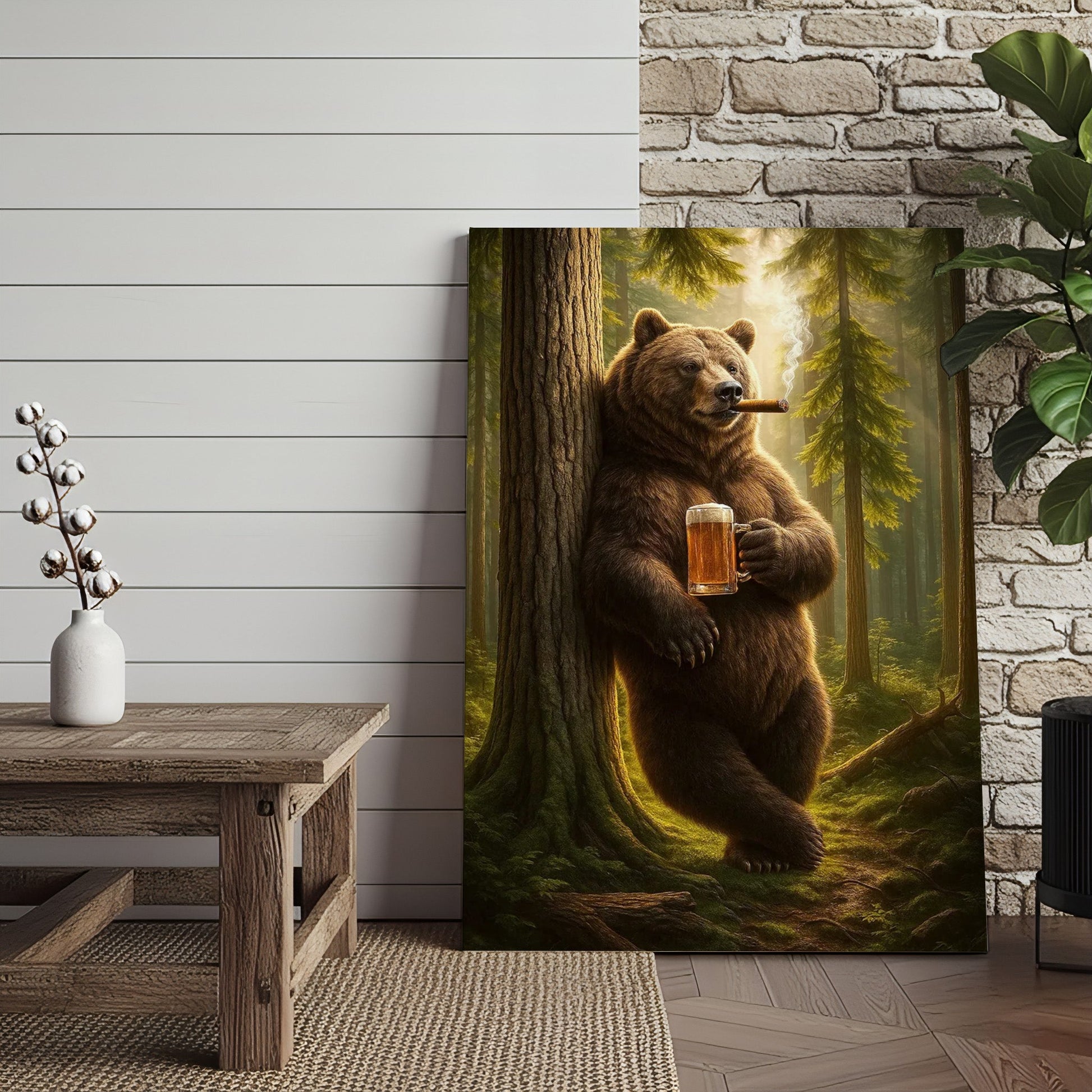 Rustic Bear in Forest Canvas Wall Art, Woodland Animal Decor, Nature Landscape Home Decoration