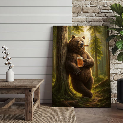 Rustic Bear in Forest Canvas Wall Art, Woodland Animal Decor, Nature Landscape Home Decoration