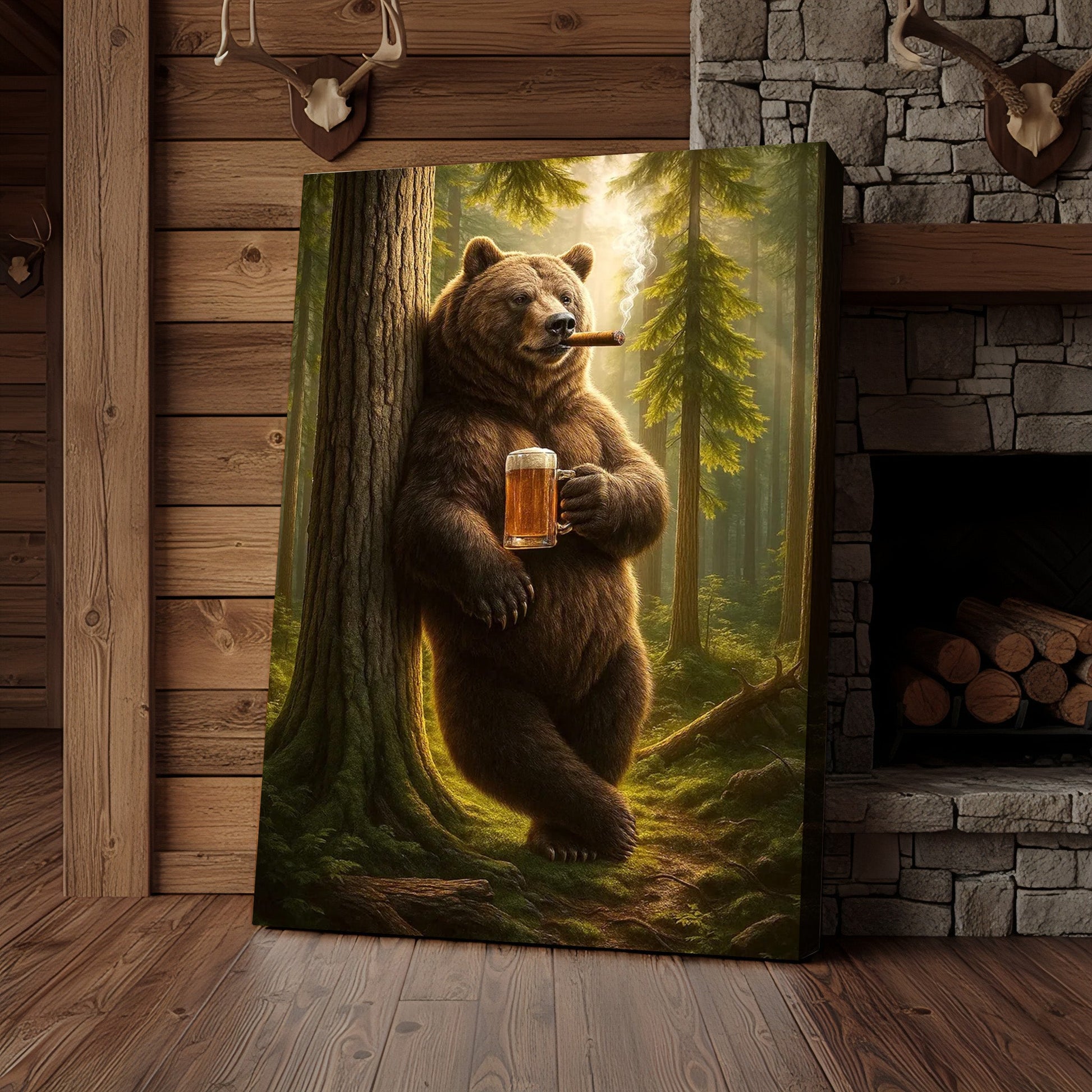 Rustic Bear in Forest Canvas Wall Art, Woodland Animal Decor, Nature Landscape Home Decoration