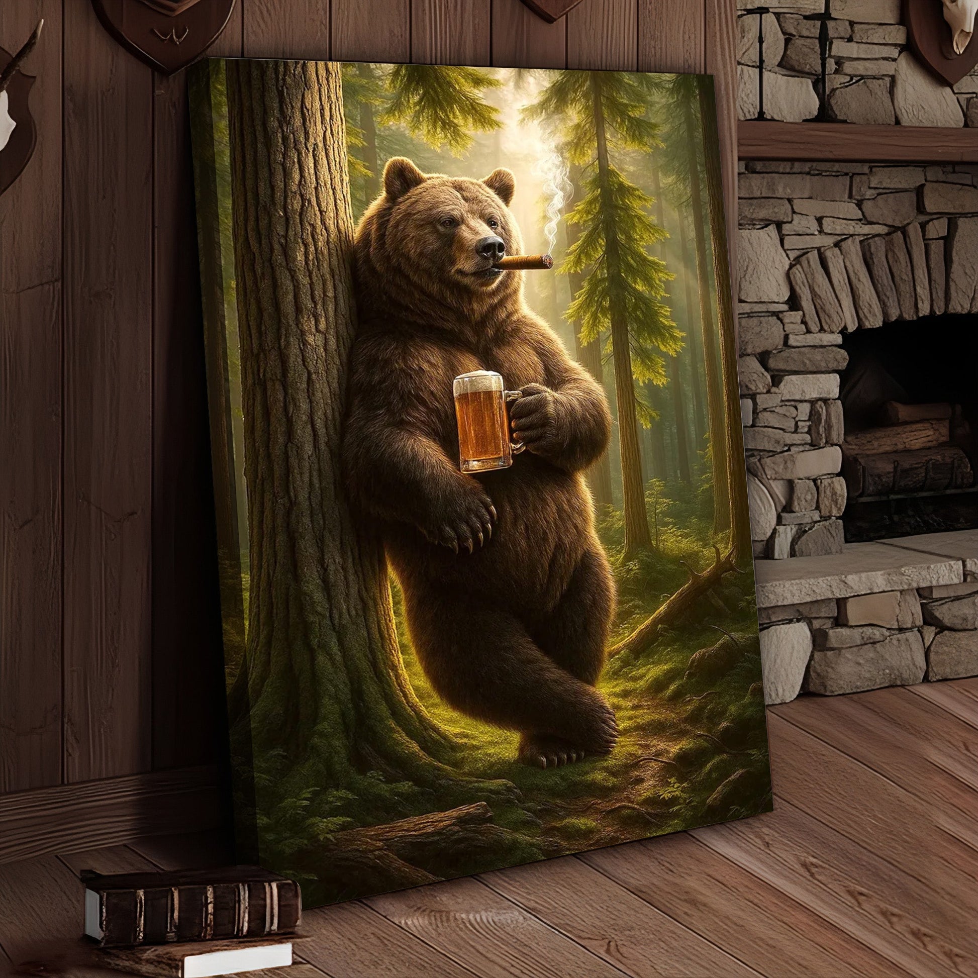 Rustic Bear in Forest Canvas Wall Art, Woodland Animal Decor, Nature Landscape Home Decoration