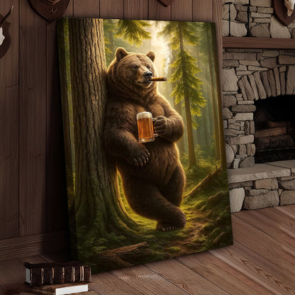 Rustic Bear in Forest Canvas Wall Art, Woodland Animal Decor, Nature Landscape Home Decoration