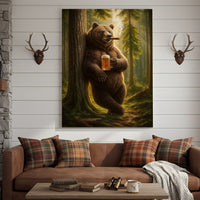 Rustic Bear in Forest Canvas Wall Art, Woodland Animal Decor, Nature Landscape Home Decoration