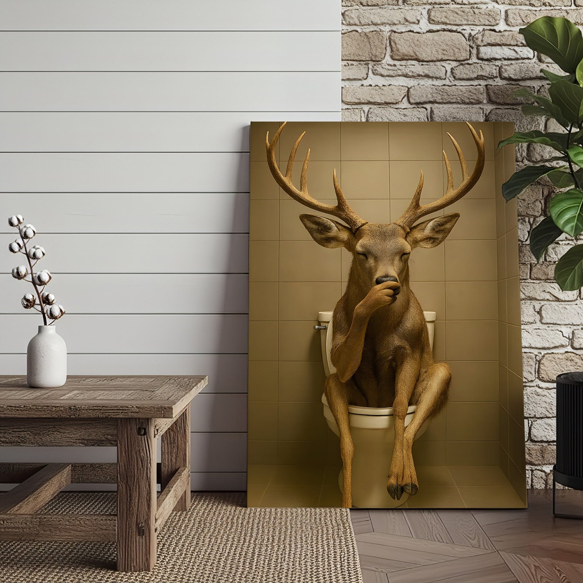 Funny Deer Bathroom Canvas Wall Art – Rustic Toilet Canvas for Cabin, Lodge & Man Cave Decor