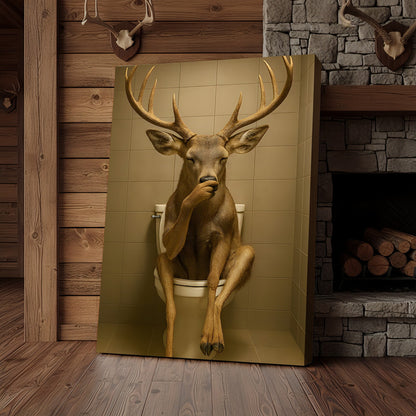 Funny Deer Bathroom Canvas Wall Art – Rustic Toilet Canvas for Cabin, Lodge & Man Cave Decor