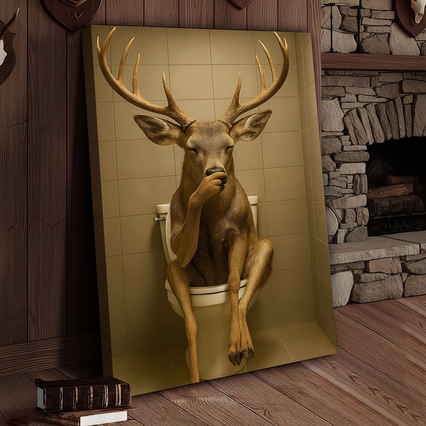 Funny Deer Bathroom Canvas Wall Art – Rustic Toilet Canvas for Cabin, Lodge & Man Cave Decor
