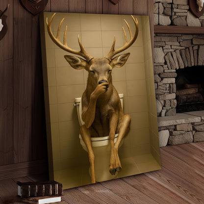 Funny Deer Bathroom Canvas Wall Art – Rustic Toilet Canvas for Cabin, Lodge & Man Cave Decor