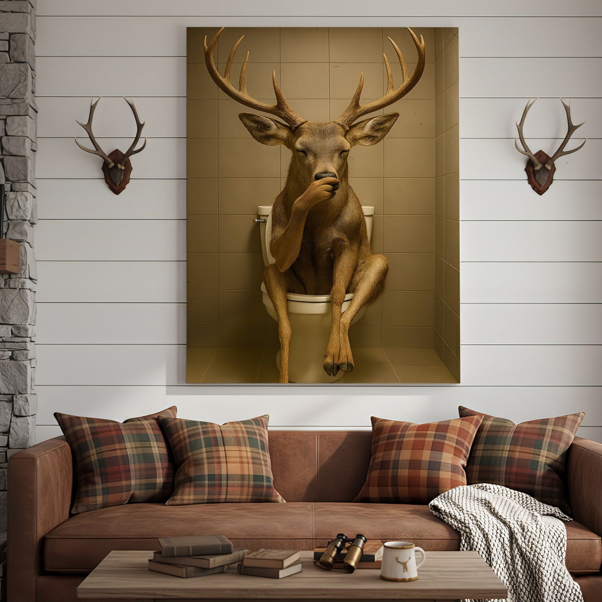 Funny Deer Bathroom Canvas Wall Art – Rustic Toilet Canvas for Cabin, Lodge & Man Cave Decor