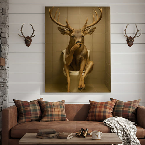 Funny Deer Bathroom Canvas Wall Art – Rustic Toilet Canvas for Cabin, Lodge & Man Cave Decor