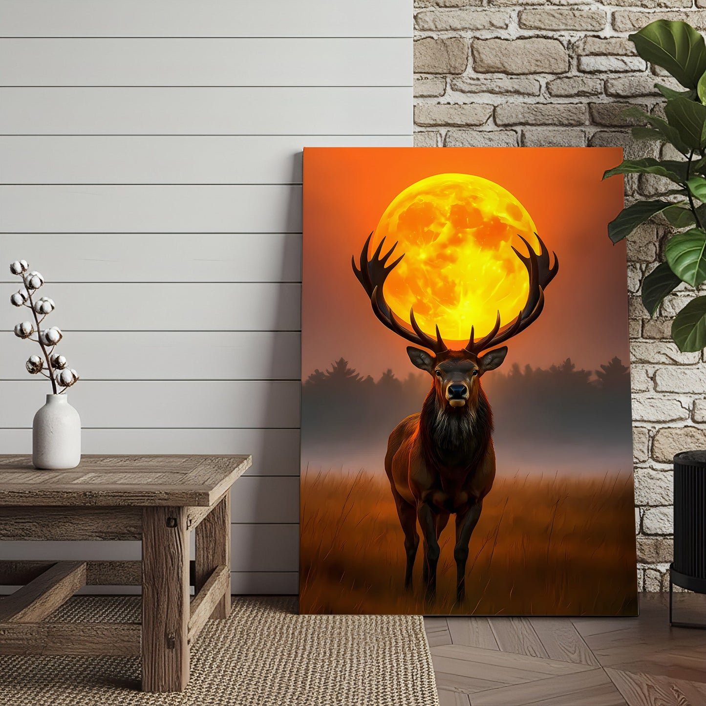 Majestic Elk Full Moon Canvas Wall Art – Hunting Cabin Decor Gift for Hunters