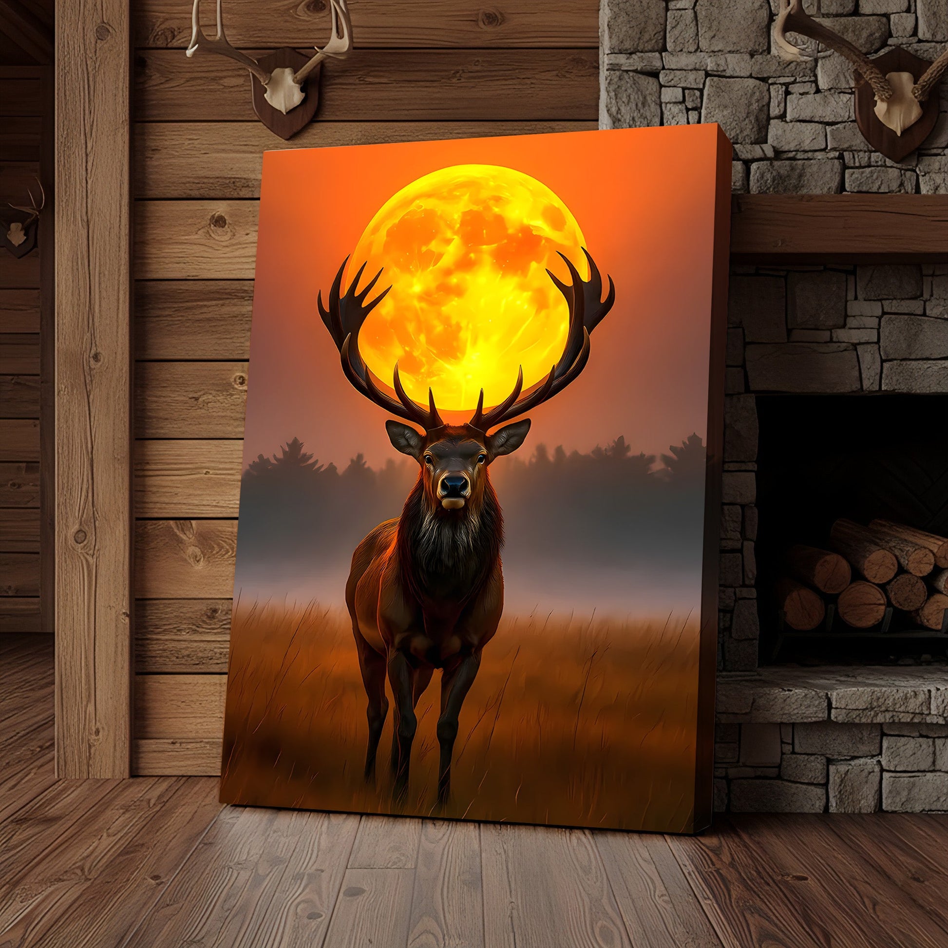 Majestic Elk Full Moon Canvas Wall Art – Hunting Cabin Decor Gift for Hunters